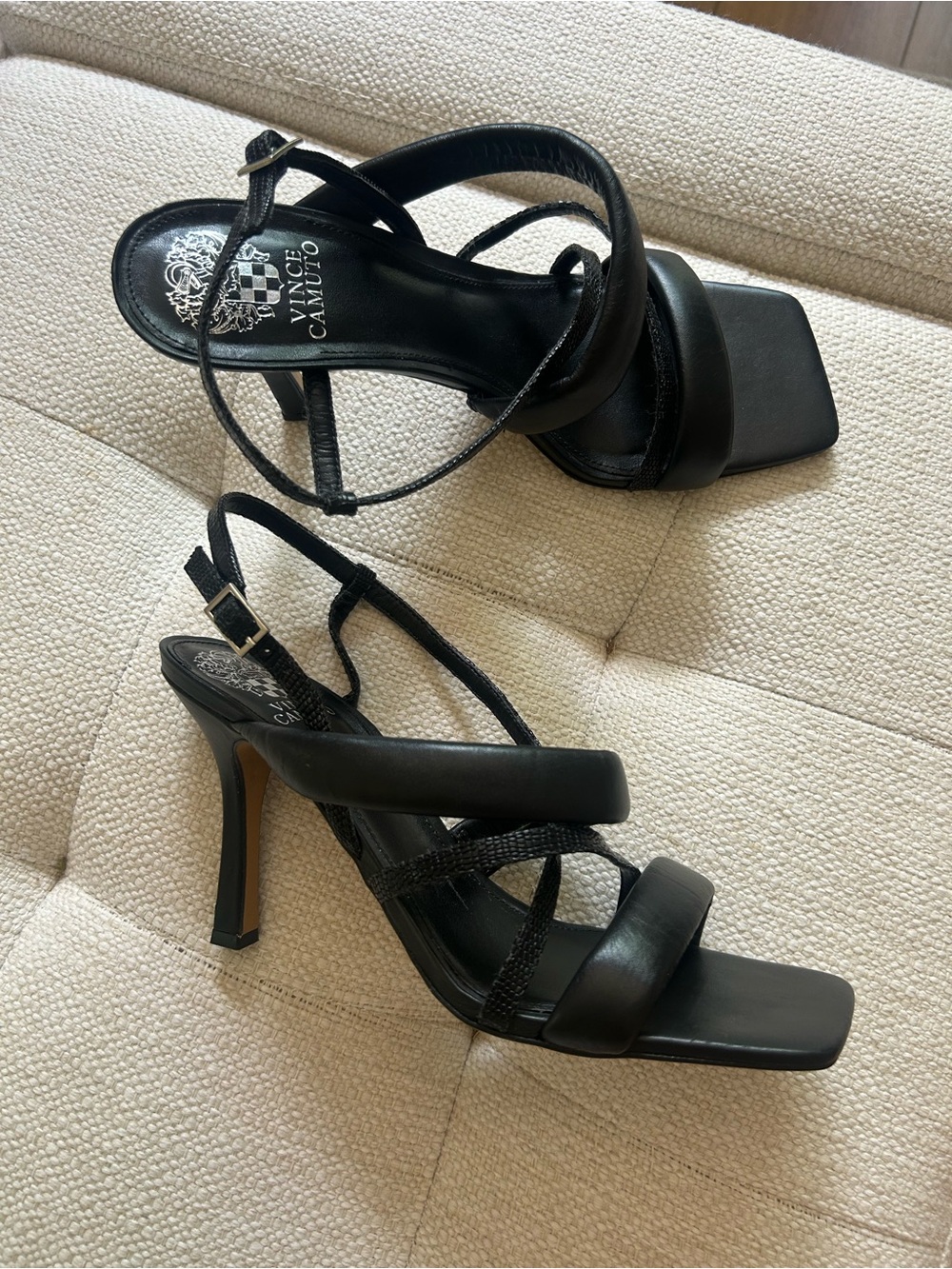 Vince Camuto Black Strappy Square-Toe Heel Sandals - Picture 2 of 5
